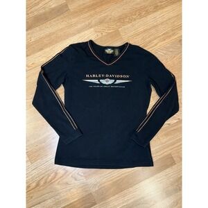 Harley Davidson Women's Long Sleeve Black V-Neck Shirt 100 Year Anniversary 2003
